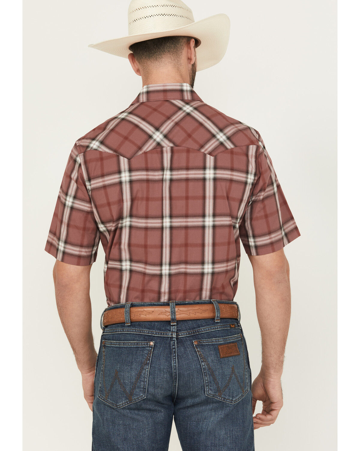 Image #4 - Wrangler Retro Men's Plaid Print Short Sleeve Snap Western Shirt - Tall, Burgundy, hi-res