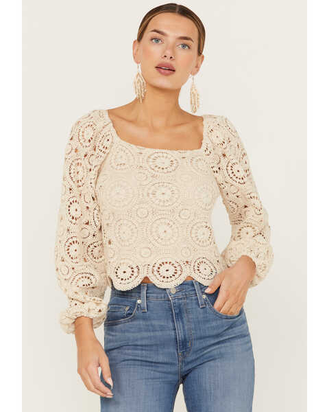 Image #1 - Flying Tomato Women's Crochet Long Sleeve Peasant Top, Natural, hi-res
