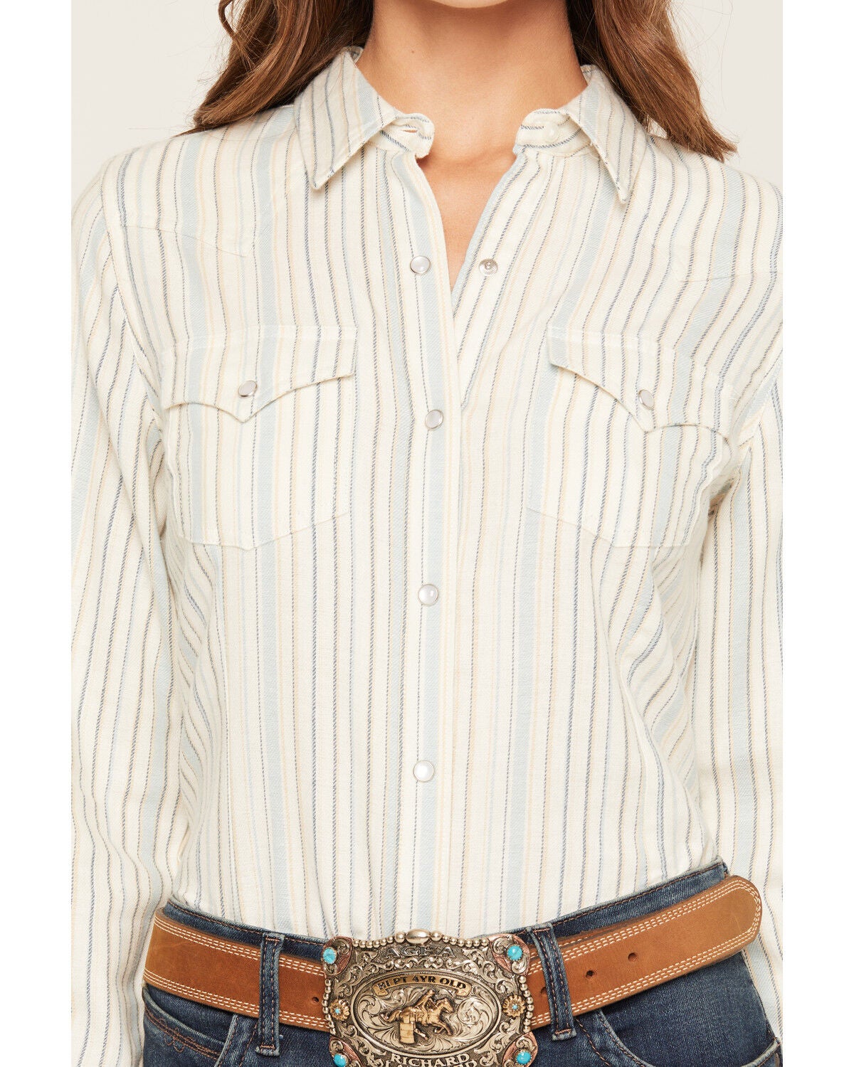 Image #3 - Wrangler Retro Women's Boot Barn Exclusive Striped Long Sleeve Pearl Snap Flannel Shirt, Blue, hi-res