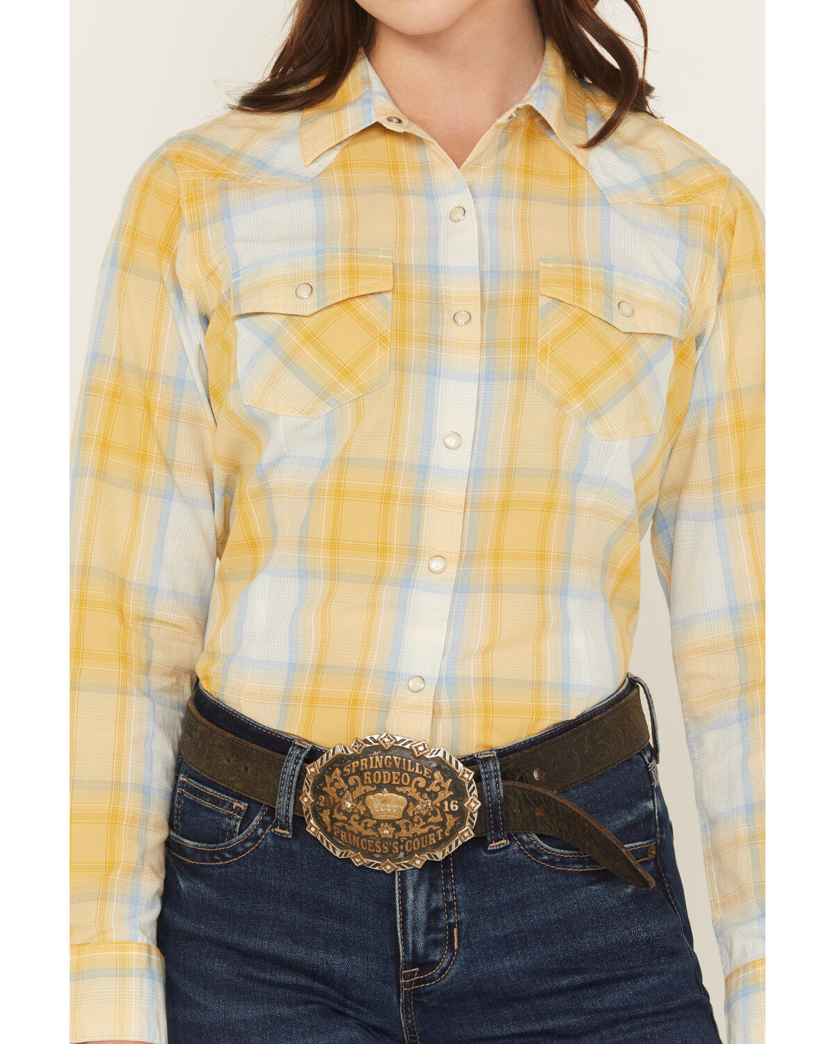Image #3 - Ariat Women's Daisy Plaid Print Long Sleeve Snap Western Shirt, Yellow, hi-res