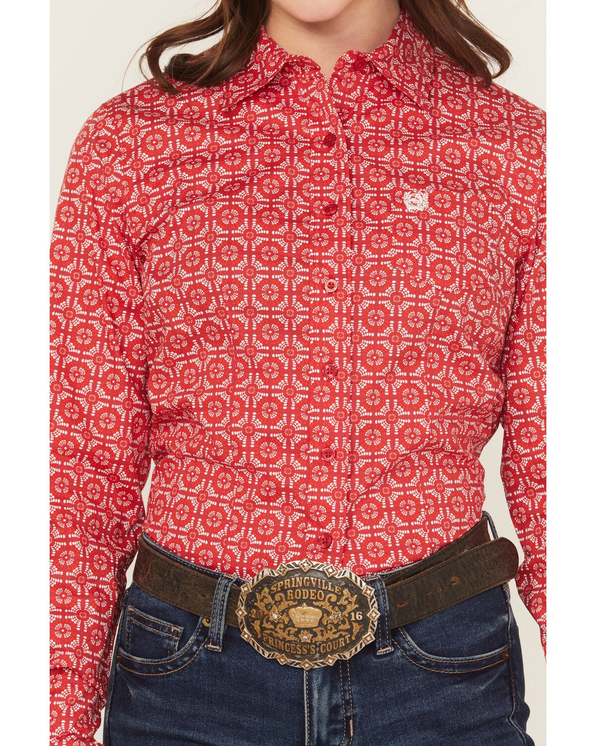 Image #3 - Cinch Women's Geo Print Long Sleeve Button-Down Stretch Western Shirt, Red, hi-res