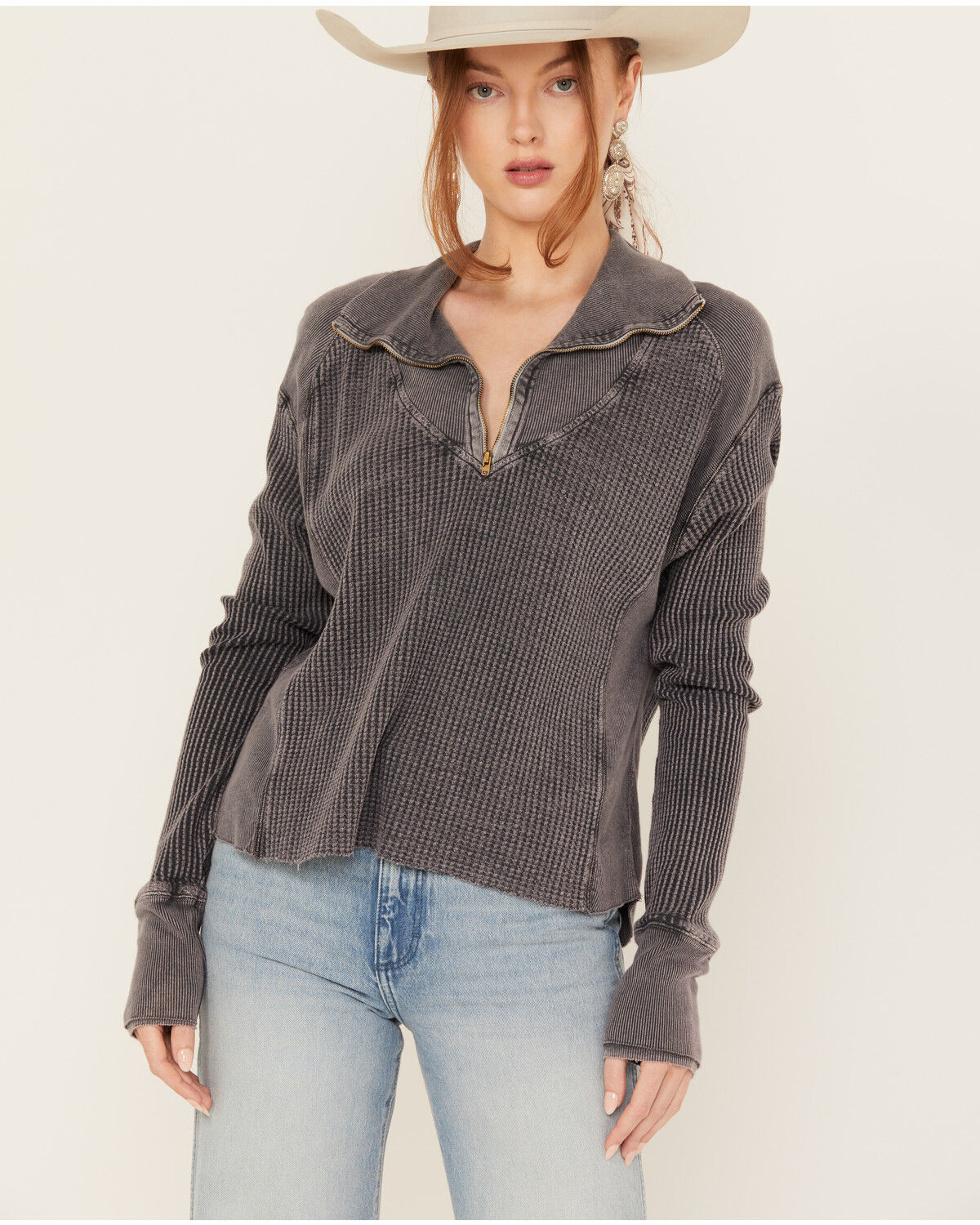 Image #1 - Free People Women's Ashton Zip Thermal Long Sleeve Pullover, Charcoal, hi-res