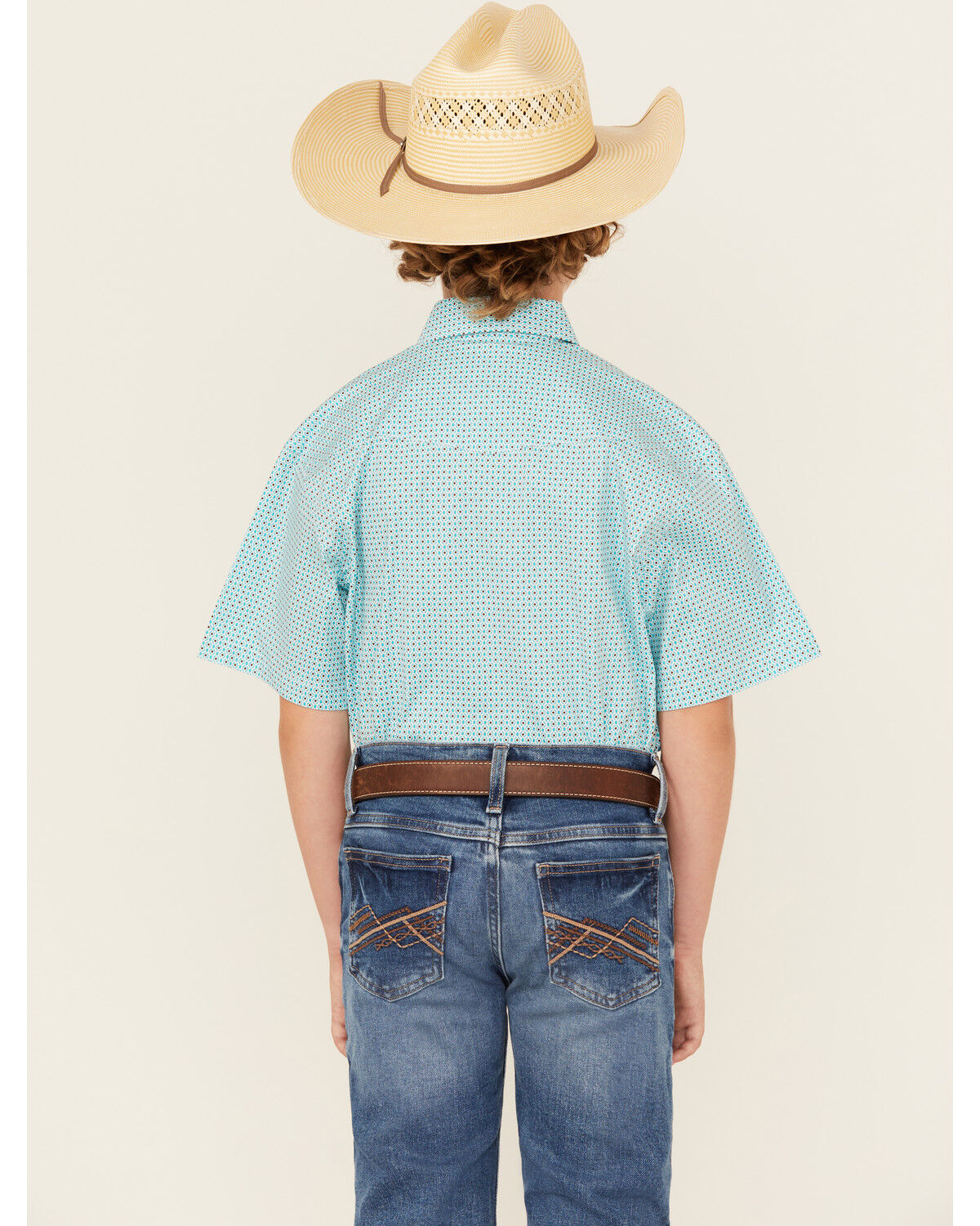 Image #4 - Panhandle Boys' Geo Print Short Sleeve Snap Western Shirt, Aqua, hi-res
