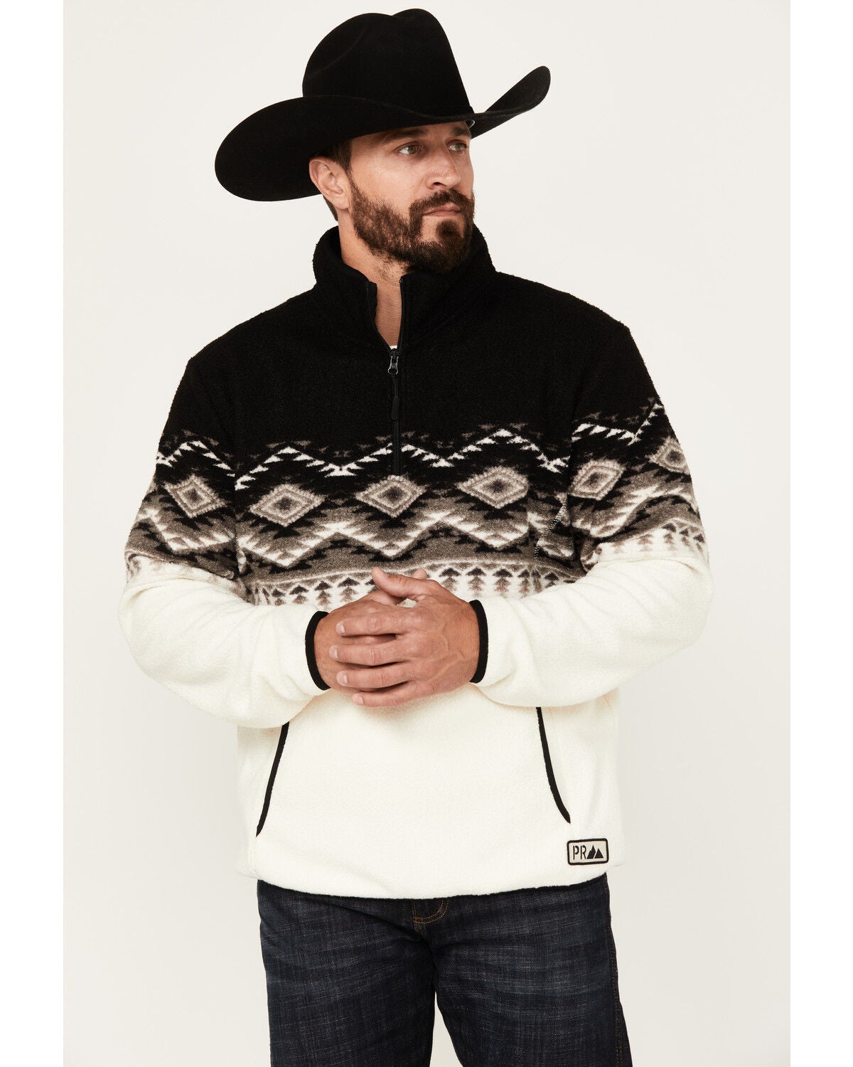 Powder River Outfitters by Panhandle Men's Southwestern Print Zip Pullover, Black, hi-res
