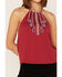 Image #3 - Rock & Roll Denim Women's Southwestern Paisley Embroidered Halter Tank Top, Red, hi-res