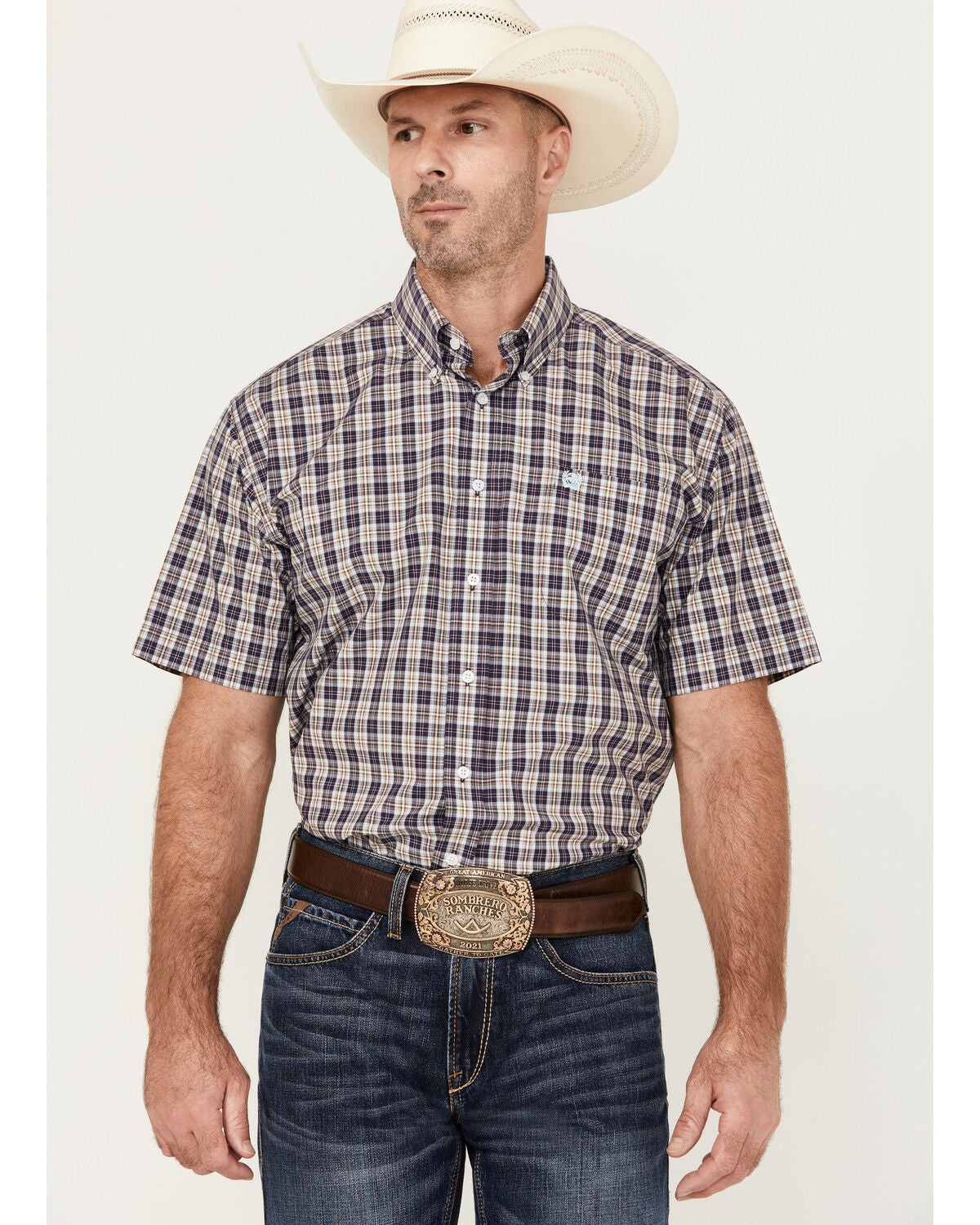 Cinch Men's Plaid Print Short Sleeve Button-Down Western Shirt, Purple, hi-res