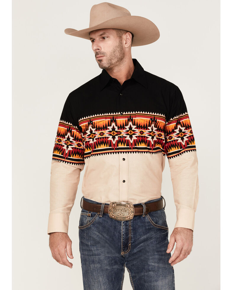 Panhandle Men's Southwestern Border Print Long Sleeve Snap Western Shirt , Black, hi-res