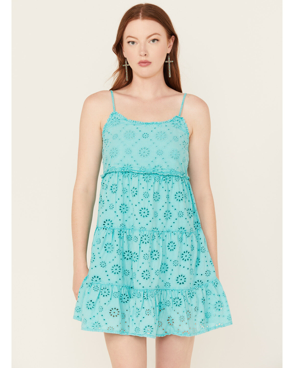 Image #1 - Rock & Roll Denim Women's Eyelet Sleeveless Mini Dress, Teal, hi-res