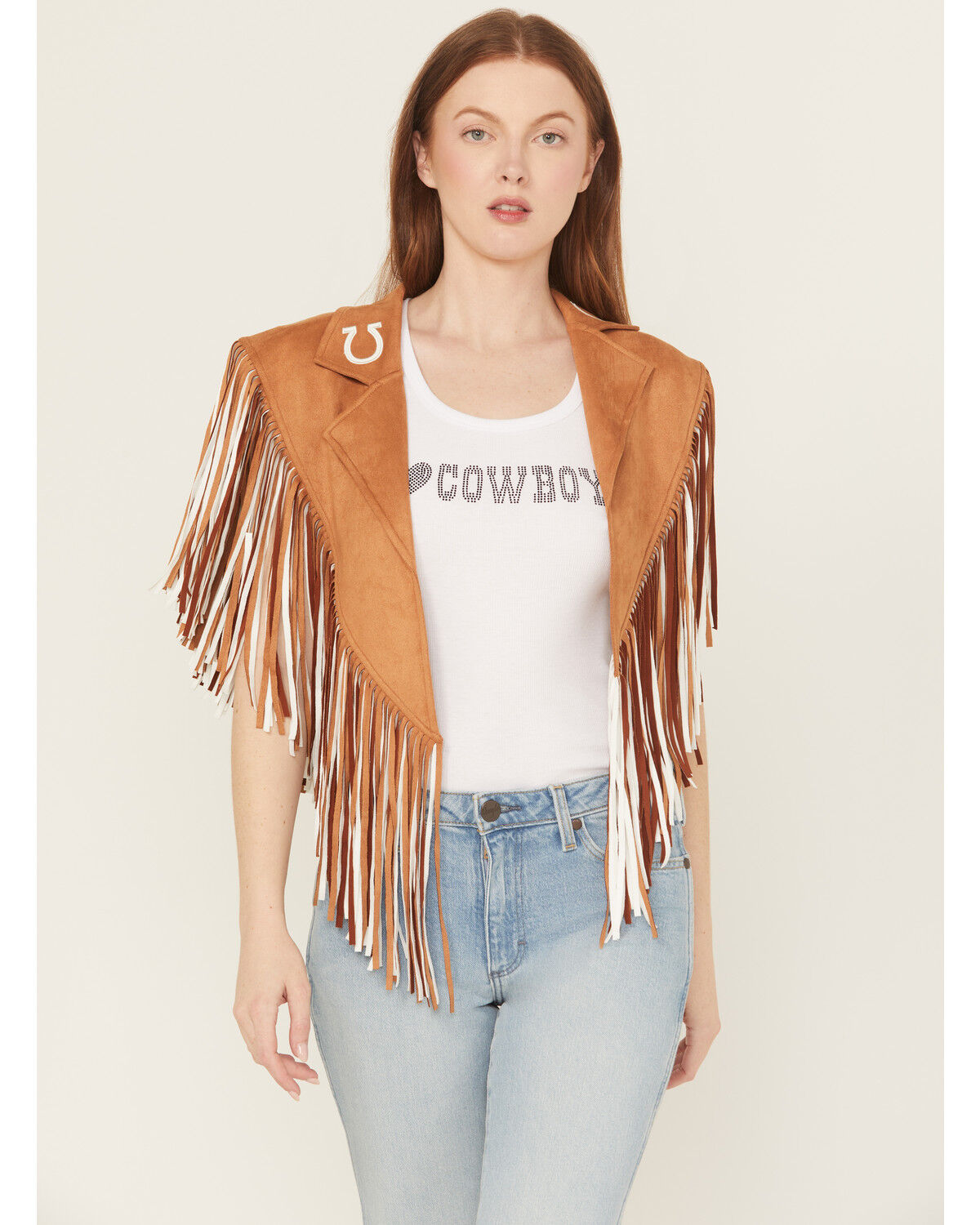 Image #1 - Saints & Hearts Women's Faux Suede Horseshoe Fringe Cape, Camel, hi-res