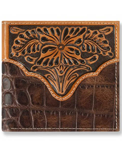 Ariat Men's Bi-Fold Croc Floral Embossed Wallet , Brown, hi-res