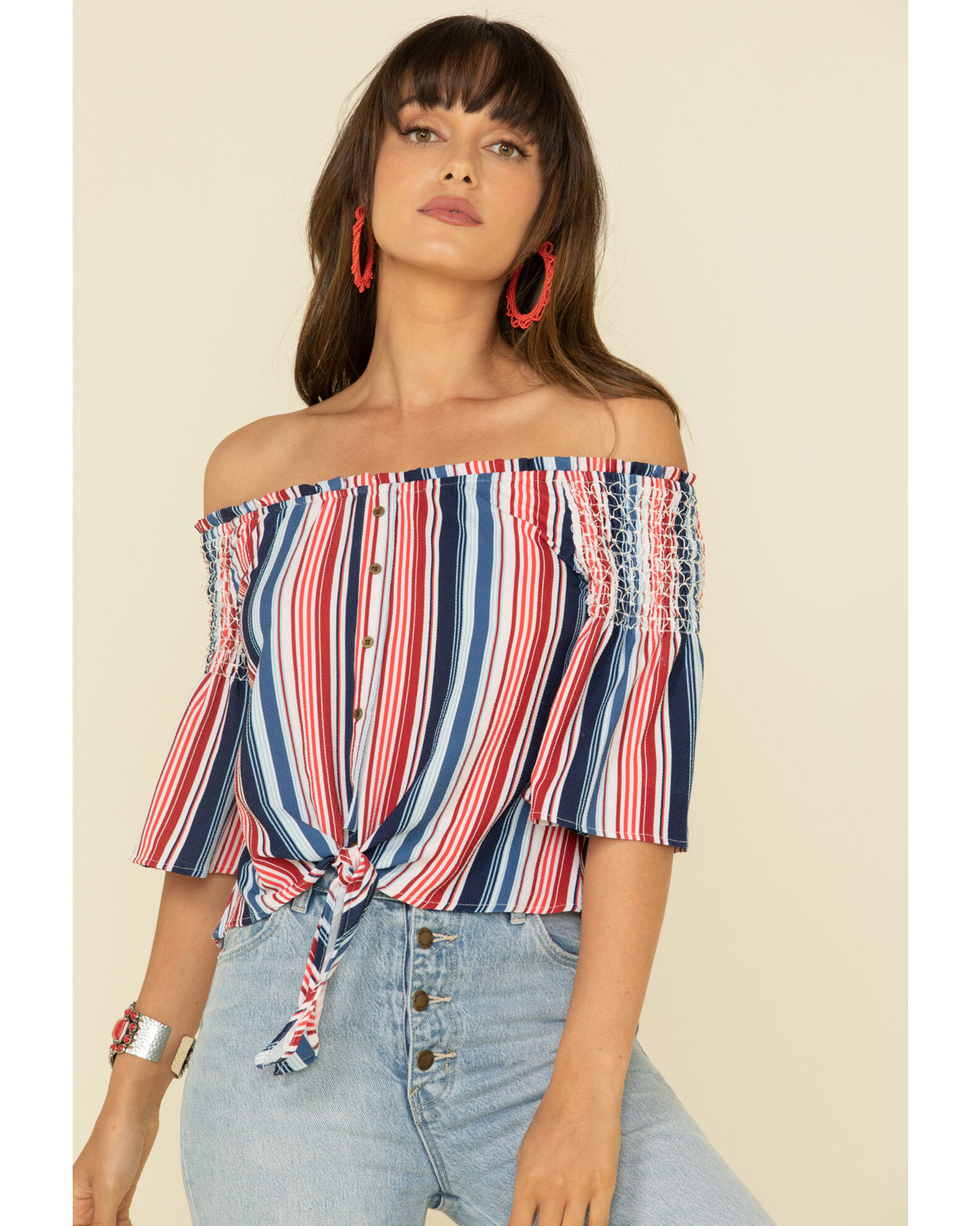 Red striped off the shoulder top best sale