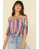 Image #1 - Rock & Roll Denim Women's Americana Stripe Off Shoulder Crop Top, Red/white/blue, hi-res