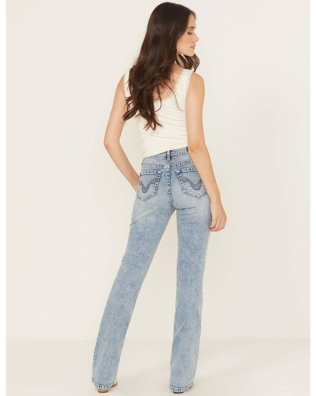 Image #1 - Rock & Roll Denim Women's Medium Wash Mid Rise Distressed Bootcut Stretch Denim Jeans, Medium Wash, hi-res