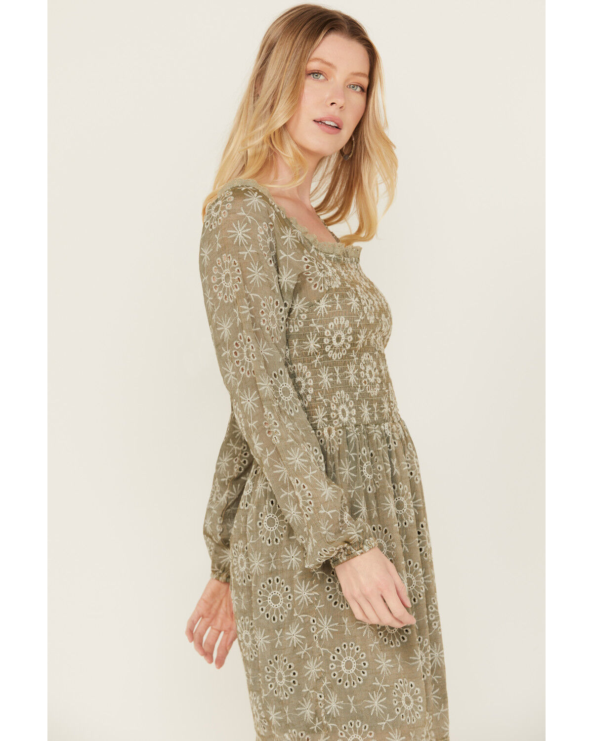 Image #2 - Wild Moss Women's Mineral Wash Smocked Long Sleeve Mini Dress, Sage, hi-res
