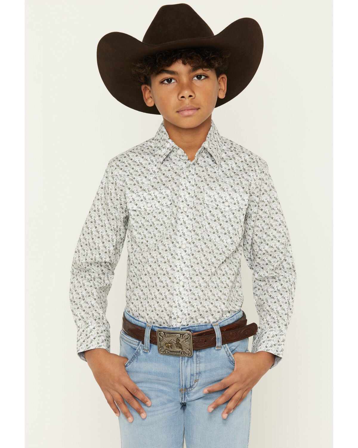 Image #1 - Wrangler 20X Boy's Conversational Print Long Sleeve Snap Stretch Western Shirt, Olive, hi-res