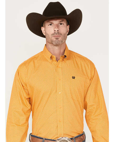 Cinch Men's All-Over Box Print Button Down Western Shirt , Gold, hi-res