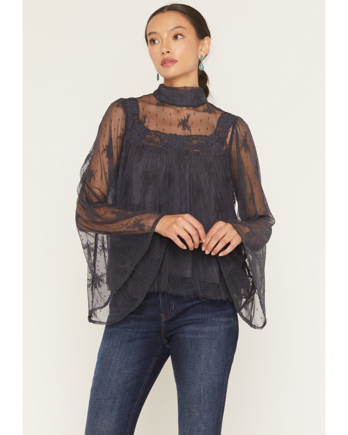 Image #1 - By Together Women's Mock Neck Lace Long Sleeve Top, Navy, hi-res