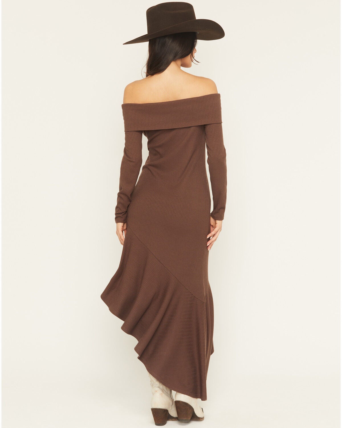 Image #4 - Shyanne Women's Rib Knit Off The Shoulder Long Sleeve Asymmetrical Dress, Brown, hi-res
