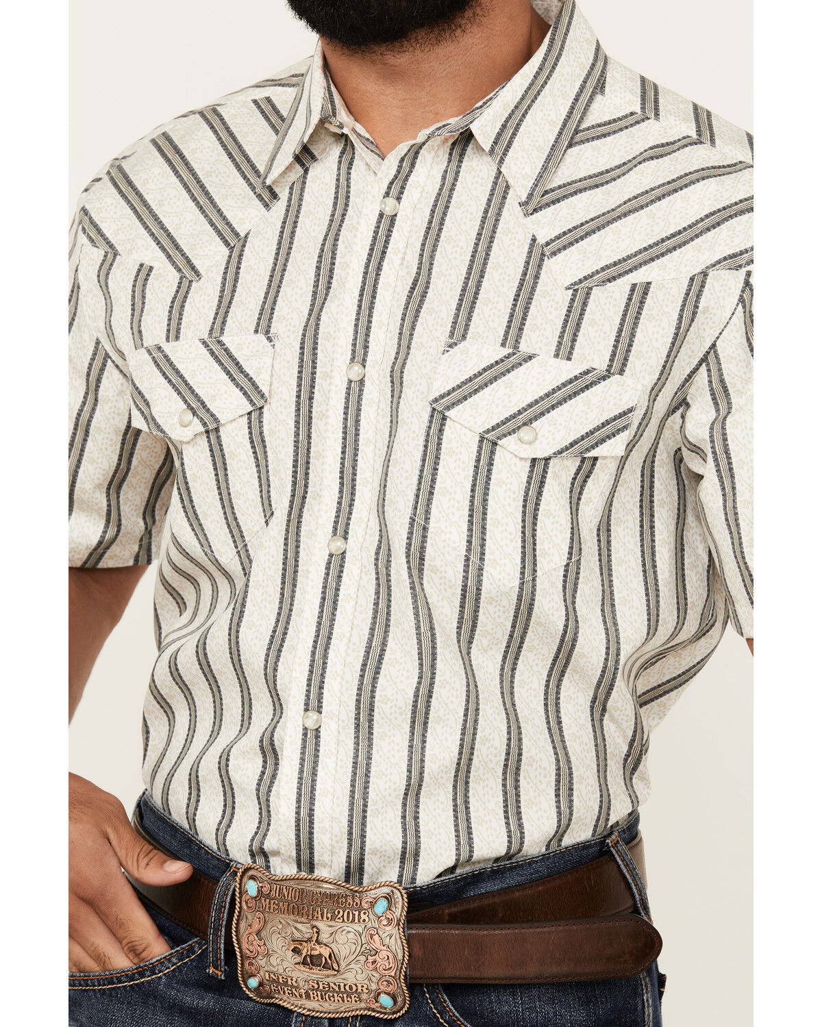 Image #3 - Gibson Trading Co Men's Side Swipe Vertical Striped Print Short Sleeve Snap Western Shirt, Ivory, hi-res