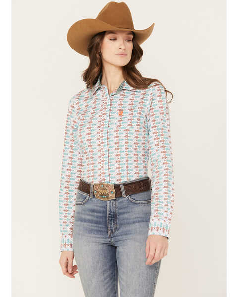 Cinch Women's Southwestern Print Long Sleeve Button Down Western Shirt, White, hi-res