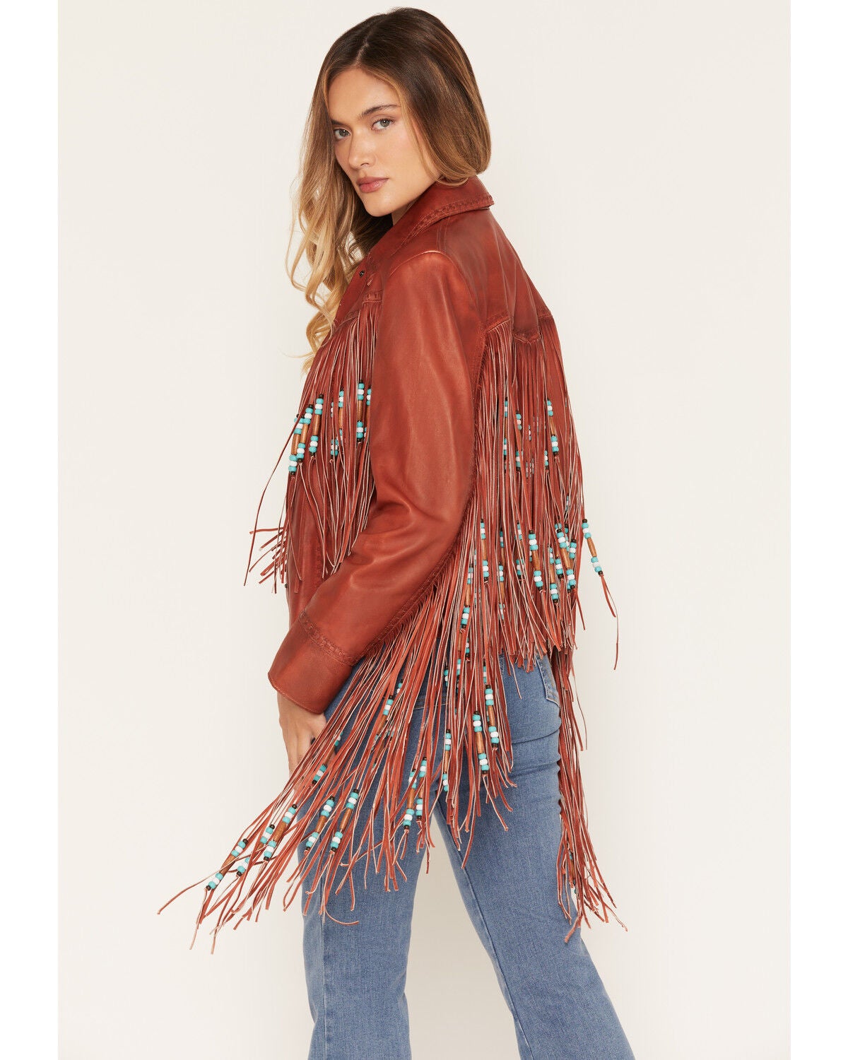 Image #2 - Cripple Creek Women's Beaded Fringe Hand Laced Snap Leather Jacket, Red, hi-res
