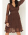Image #3 - Shyanne Women's Embroidered Mesh Long Sleeve Button Front Mini Dress, Brown, hi-res