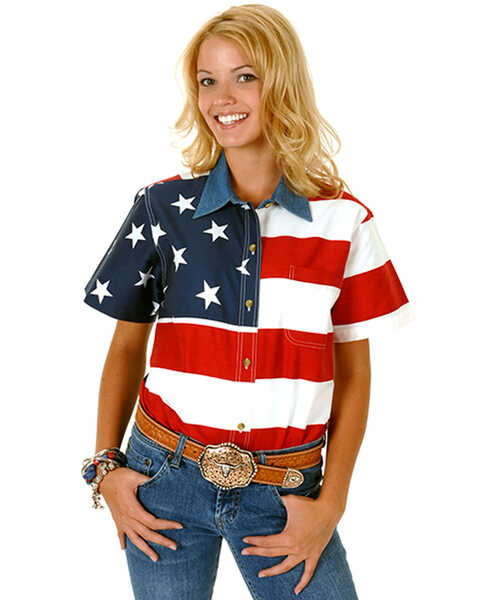 Image #1 - Roper Women's American Flag Short Sleeve Western Shirt, Patriotic, hi-res