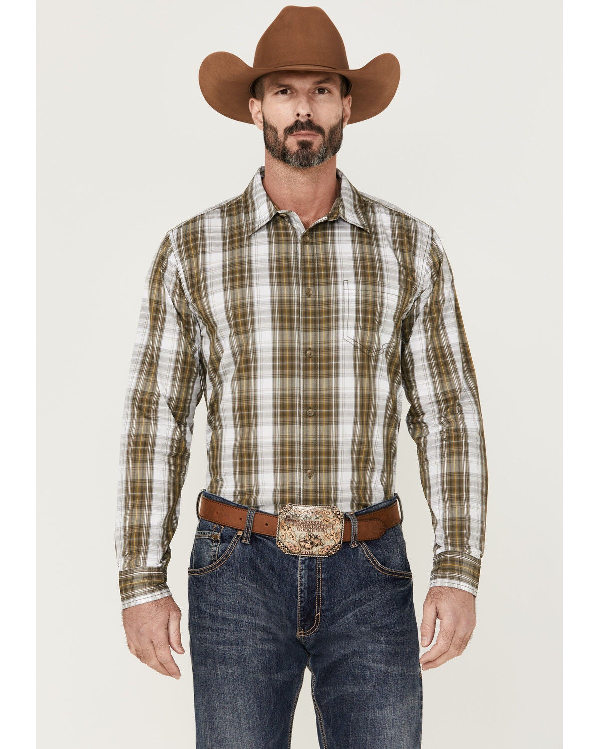 Gibson Men's Station Plaid Long Sleeve Button-Down Western Shirt, Navy, hi-res