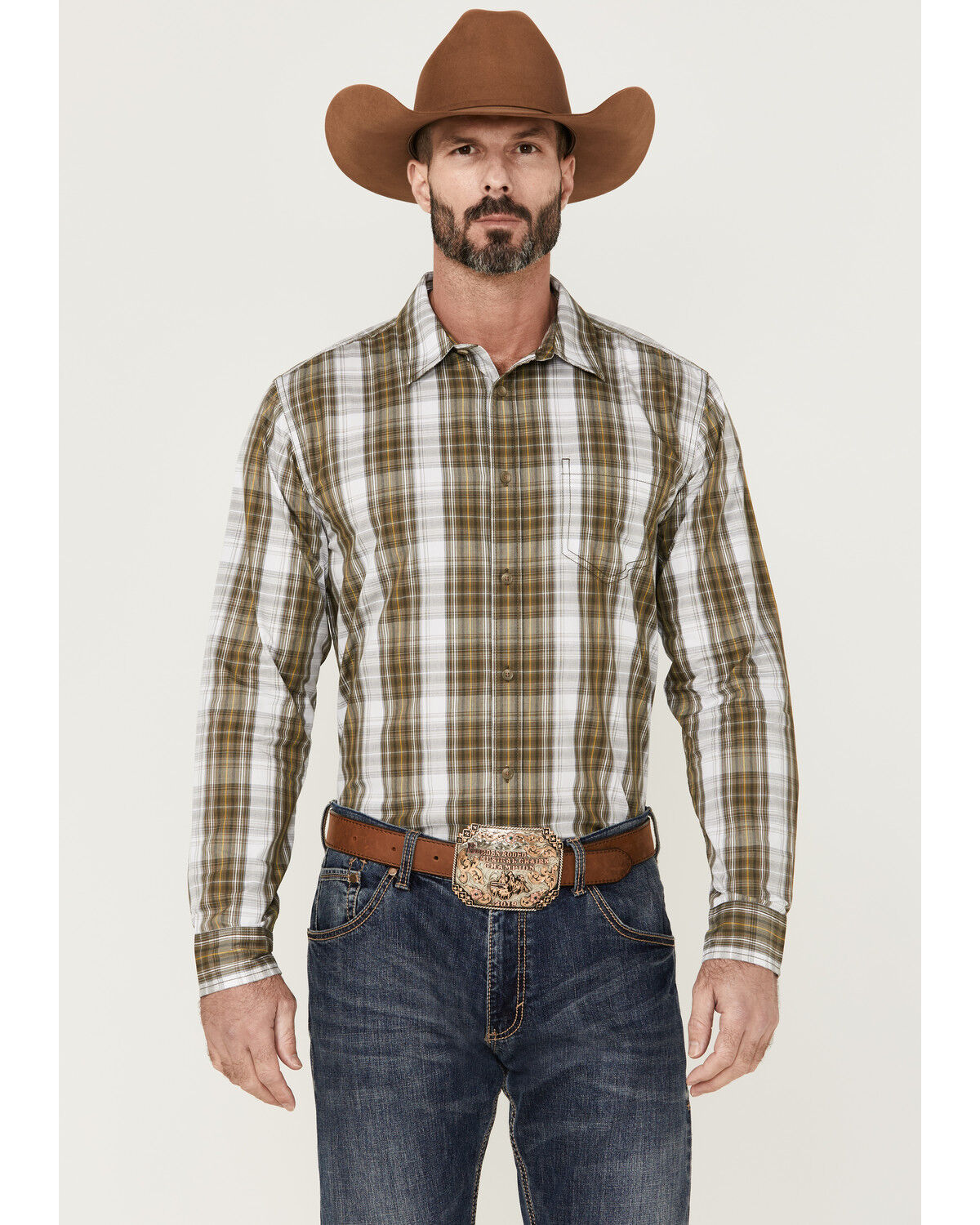 Image #1 - Gibson Men's Station Plaid Long Sleeve Button-Down Western Shirt, Navy, hi-res