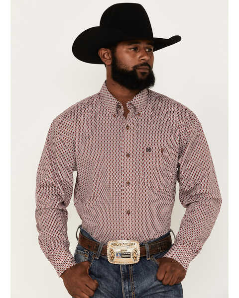 Wrangler Men's Geo Print Long Sleeve Button Down Western Shirt, Red, hi-res
