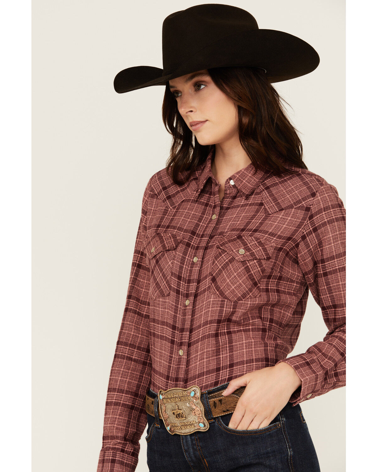 Image #2 - Wrangler Women's Plaid Print Long Sleeve Pearl Snap Flannel Shirt, Medium Pink, hi-res