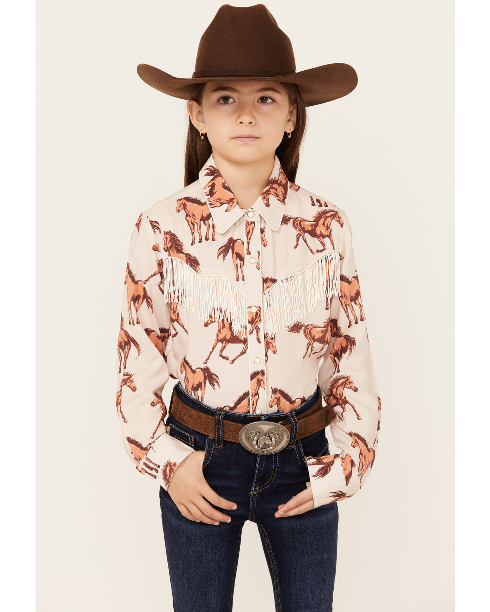 Product Name: Panhandle Girls' Horse Print Fringe Long Sleeve Snap Western  Shirt