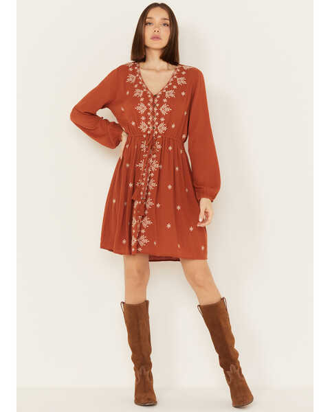 Jolt Women's Embroidered Long Sleeve Dress, Rust Copper, hi-res