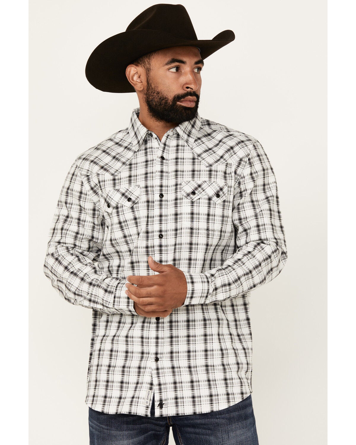 Moonshine Spirit&reg; Men's Traveler Plaid Print Long Sleeve Snap Western Shirt, White, hi-res