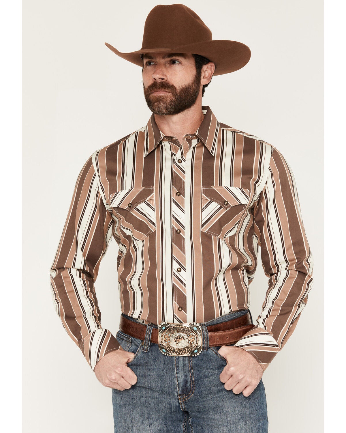 Rock & Roll Denim Men's Striped Long Sleeve Snap Stretch Western Shirt, Brown, hi-res