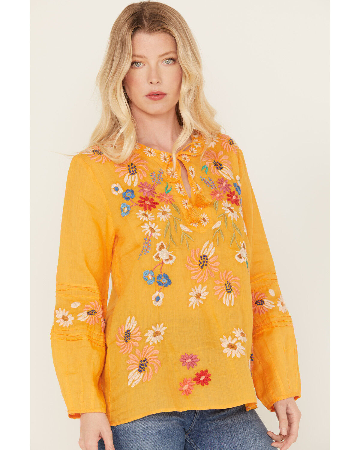 Image #2 - Johnny Was Women's Marissa Floral Embroidered Long Sleeve Pintuck Blouse, Gold, hi-res