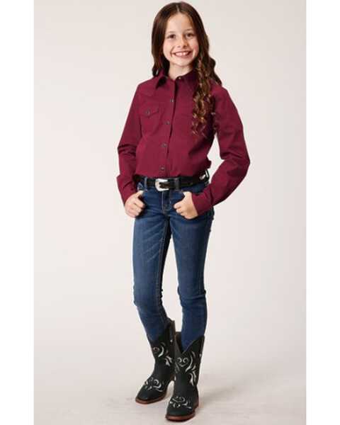 Image #3 - Stetson Girls' Ruby Falls Solid Long Sleeve Snap Western Shirt, Wine, hi-res