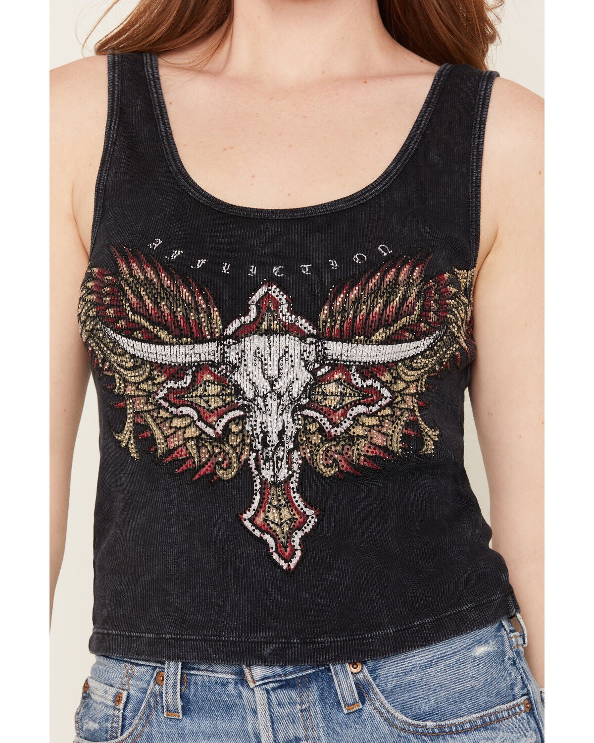 Image #3 - Affliction Women's Longhorn Embellished Sleeveless Tank Top, Black, hi-res