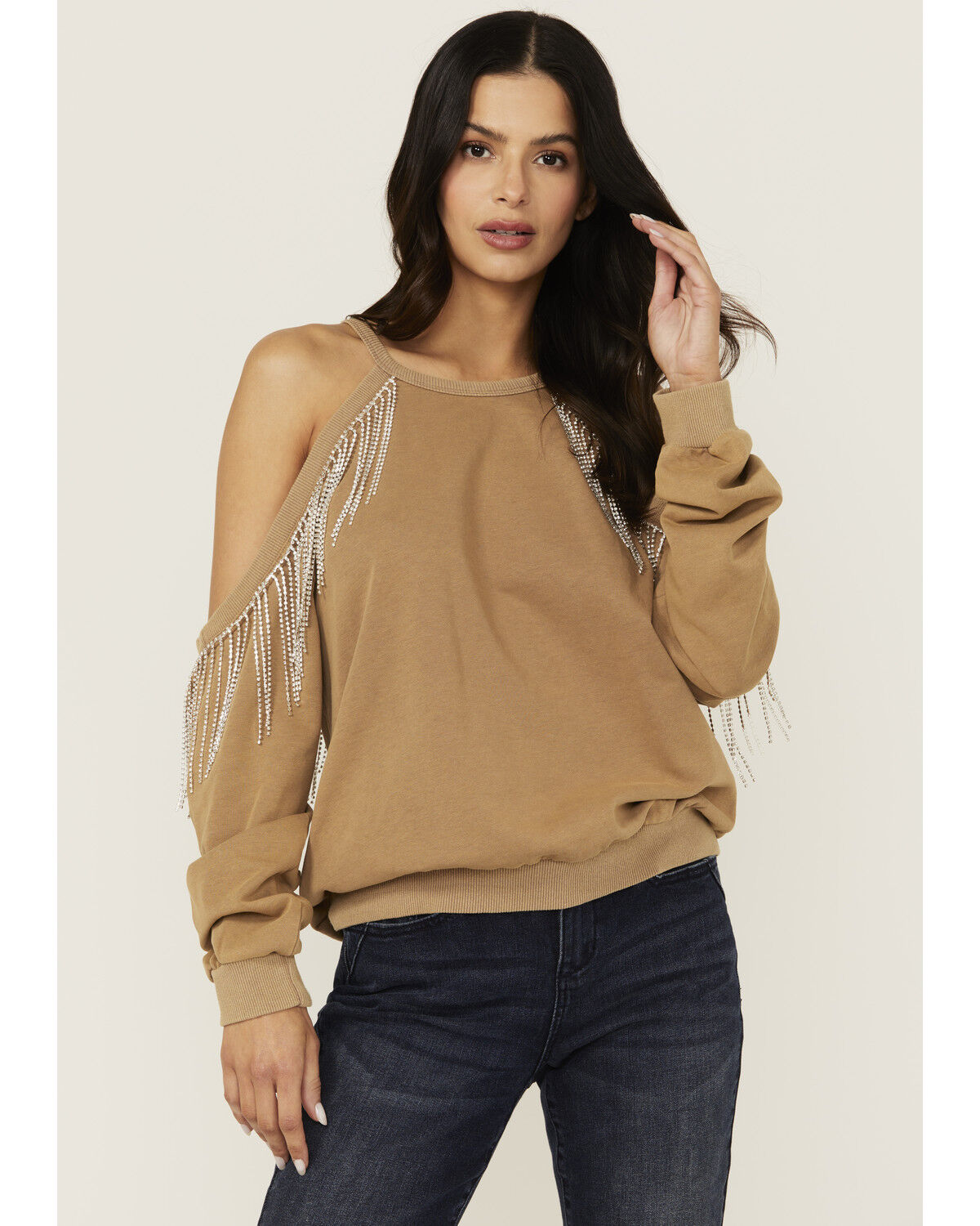 Image #1 - Blue B Women's Rhinestone Fringe Cold Shoulder Sweatshirt, Brown, hi-res