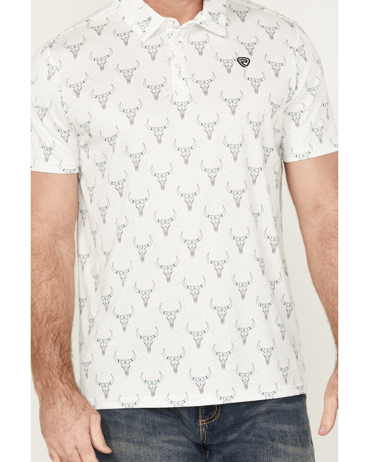 Image #3 - Rock & Roll Denim Men's Longhorn Print Short Sleeve Button-Down Polo, White, hi-res