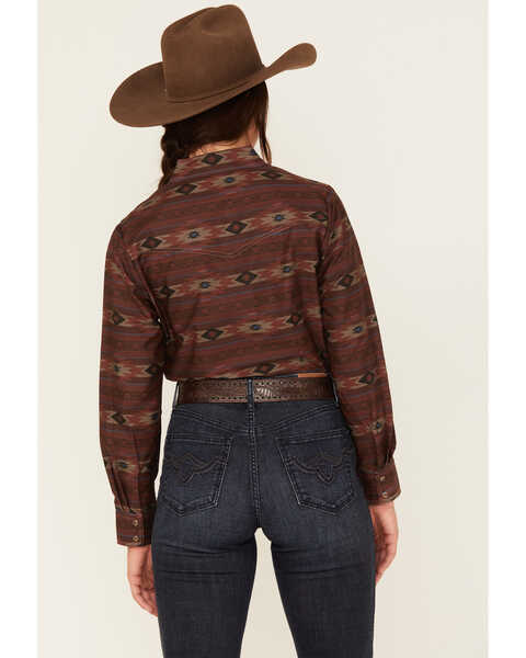 Cumberland Outfitters Women's Southwestern Stripe Print Long Sleeve Snap Western Shirt, Burgundy, hi-res
