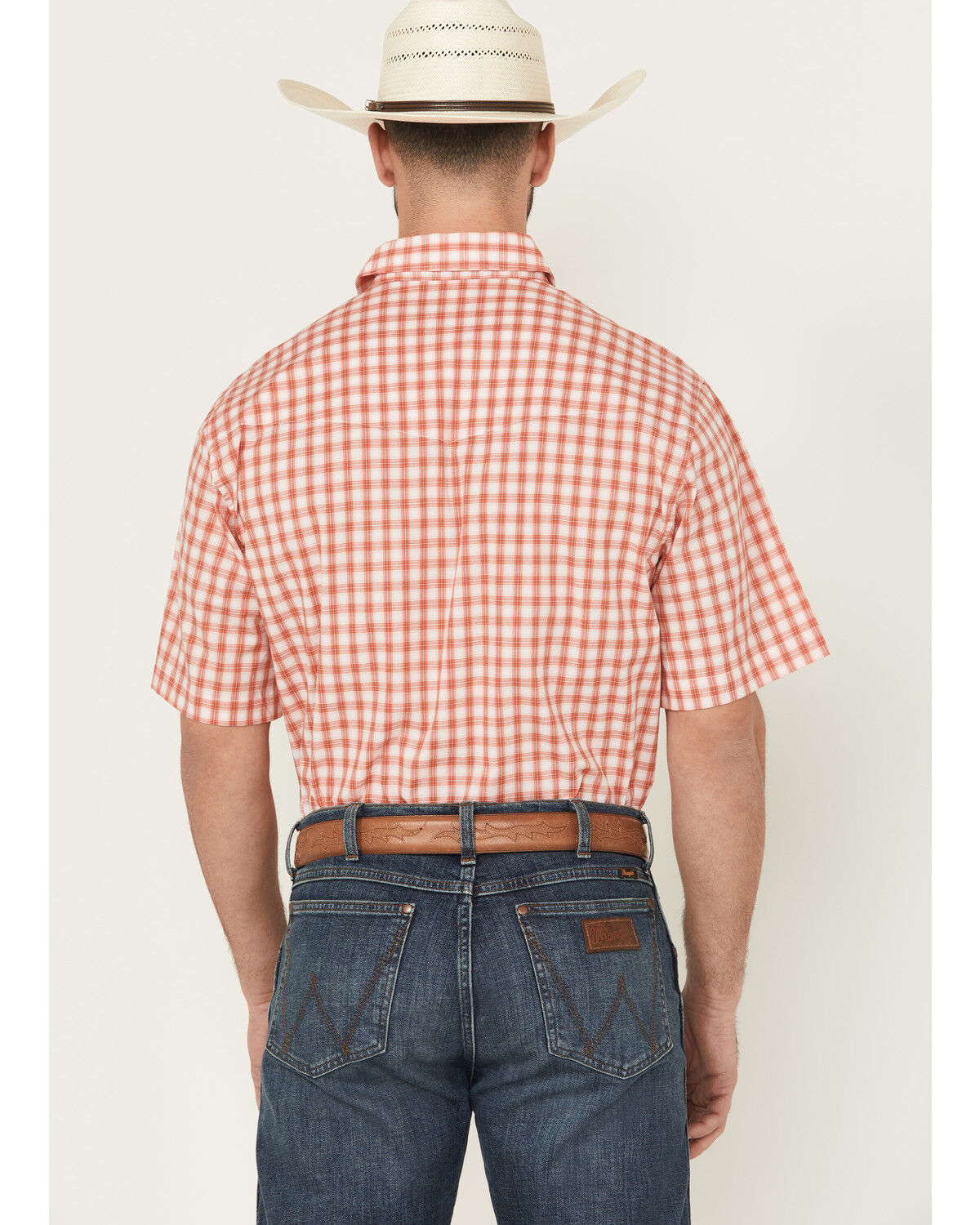 Image #4 - Wrangler Men's Plaid Print Short Sleeve Pearl Snap Western Shirt - Tall, Orange, hi-res