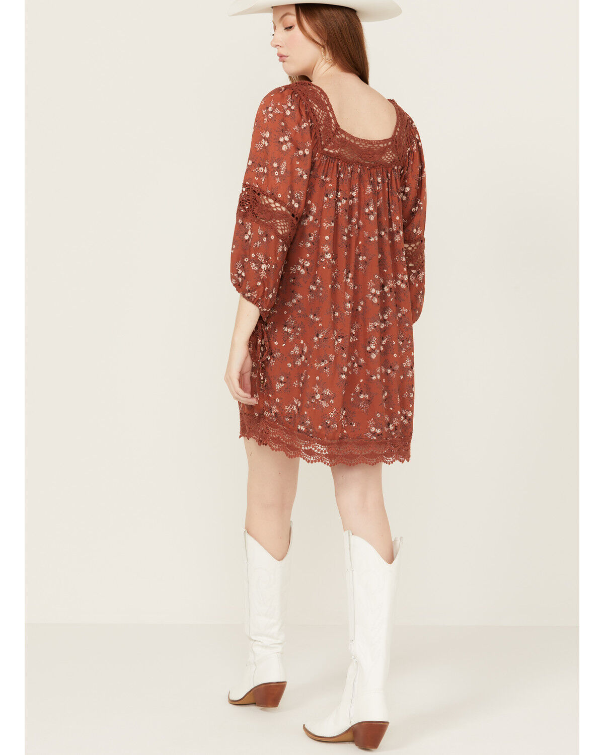Image #4 - Angie Women's Floral Print Crochet Long Sleeve Mini Dress, Rust Copper, hi-res