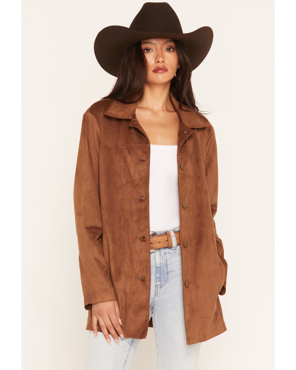 Ariat Women's Ally Long Sleeve Faux Suede Oversized Shacket, Brown, hi-res