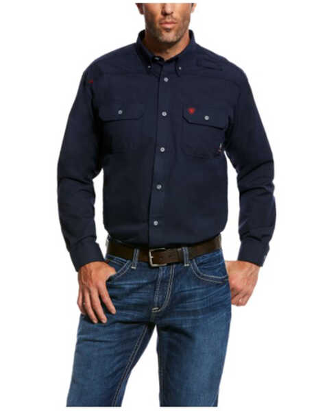 Image #1 - Ariat Men's FR Featherlight Long Sleeve Button Down Work Shirt - Tall , Navy, hi-res
