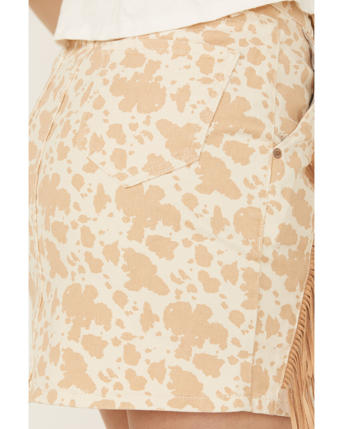 Image #4 - Rock & Roll Denim Women's Cow Print High Rise Tassel Mini Skirt, Tan, hi-res