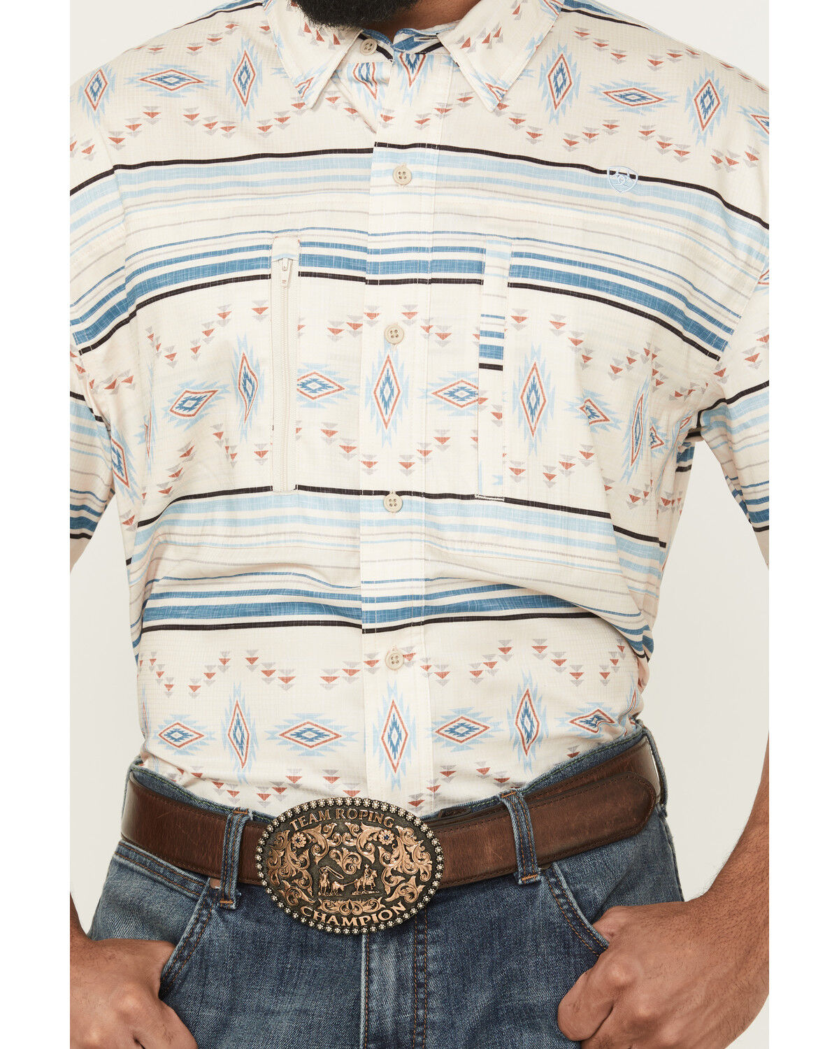 Image #3 - Ariat Men's VenTek Southwestern Striped Short Sleeve Button-Down Western Shirt, Tan, hi-res
