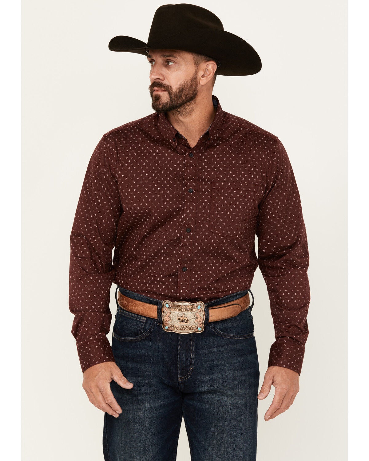 Cody James Men's Williams Mini Floral Print Long Sleeve Button-Down Stretch Western Shirt, Burgundy, hi-res