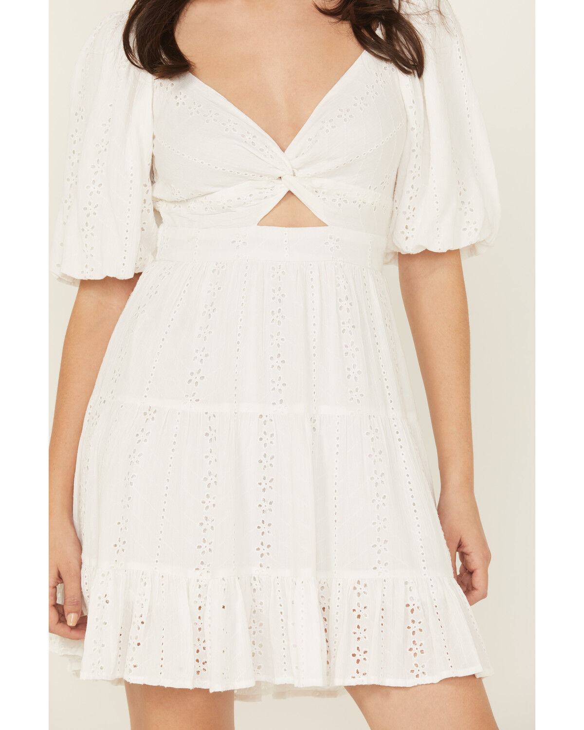 Image #3 - Angie Women's Eyelet Short Puff Sleeve Mini Dress, White, hi-res