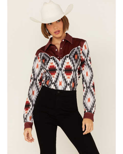 Ranch Dress'n Women's Ember Southwestern Print Piped Yoke Long Sleeve Snap Western Core Shirt , Multi, hi-res